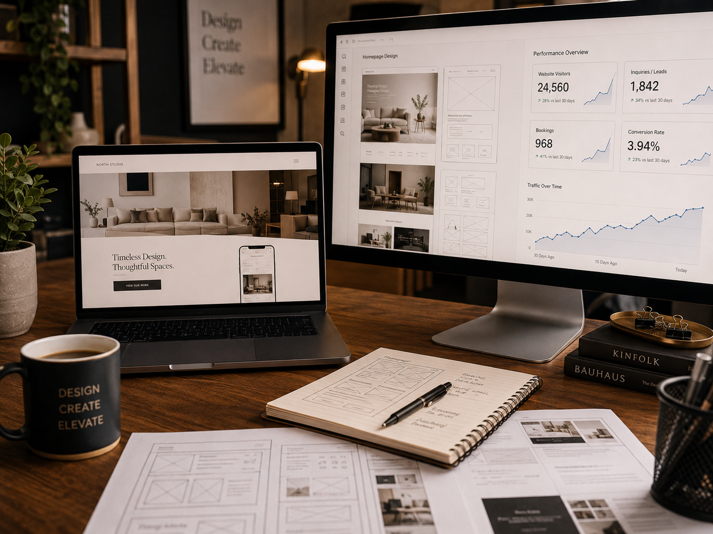 A designer's workspace with website wireframes and mockups